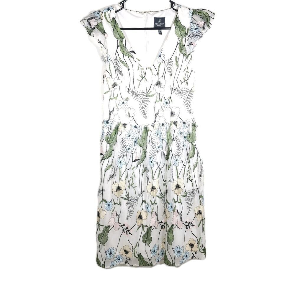 Adrianna Papell Womens Pastel Paradise Sz4 Ivory Embroidered Flare Floral Dress